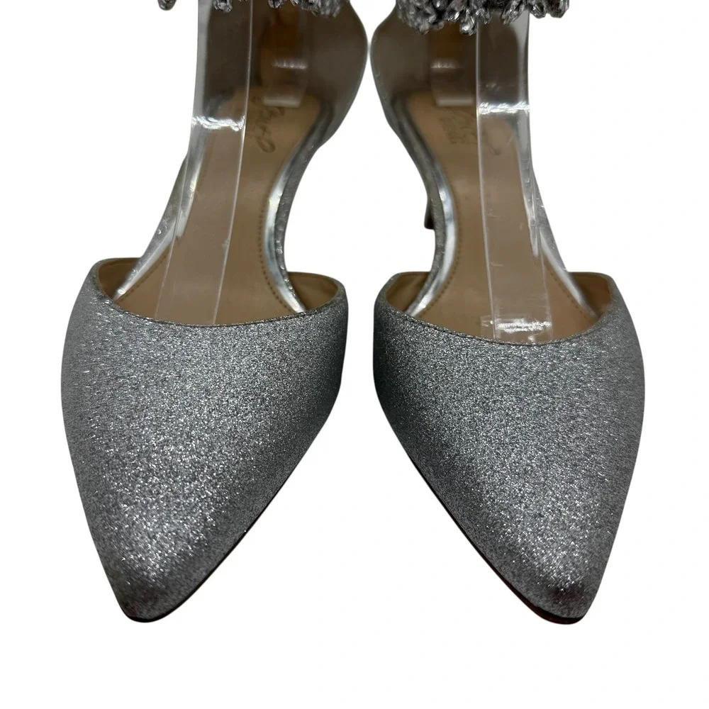 Jewel‎ Badgley Mischka Robles Kitten Heel Silver Glitter Crystal Ankle Strap 8.5